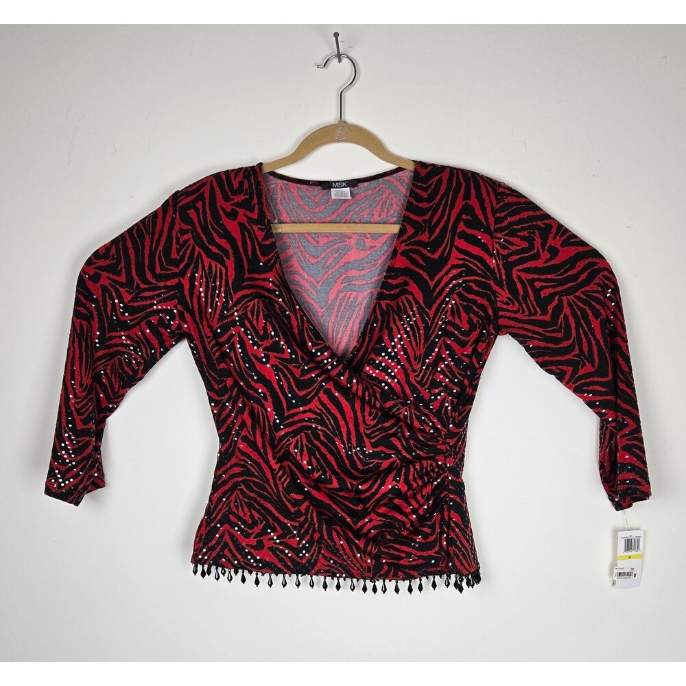 Women's Red Black Sparkling Sequin Beaded V-Neck Top Size M